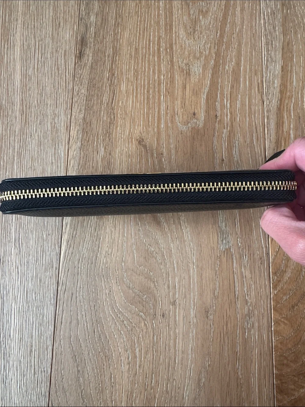 Tory Burch Black Leather Zip-Around Wallet with Gold Emblem